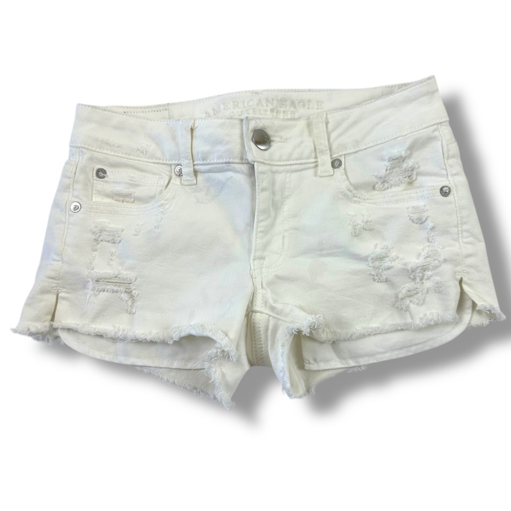 American Eagle Women's 0 Denim Shortie Shorts White Distressed Super Stretch